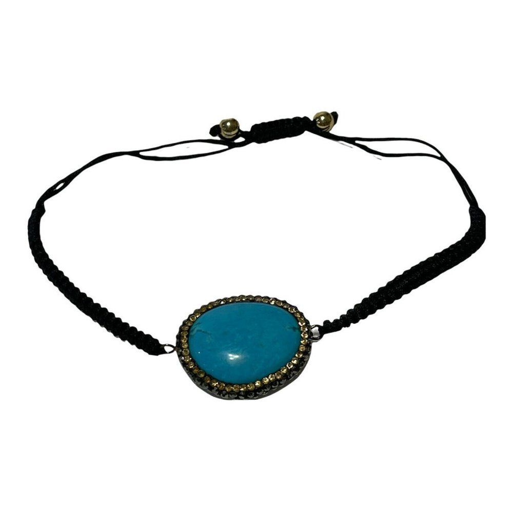 Faux Blue turquoise macramé braided Cord adjustable Slider Bracelet rhinestone